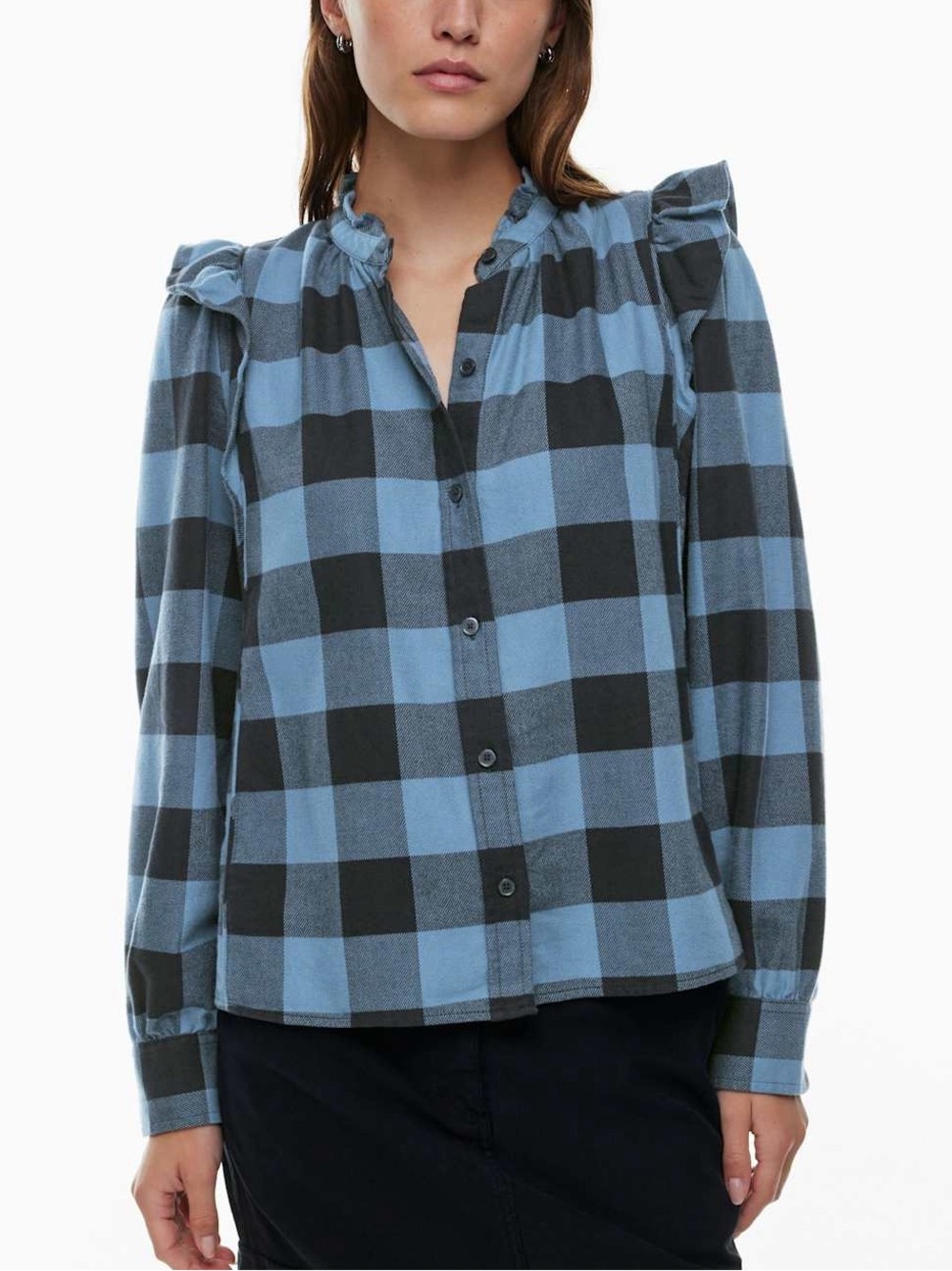 Wilfred| Aritzia| Blue & Black Curiosity Plaid Ruffle-Shoulder Button Shirt Sz L